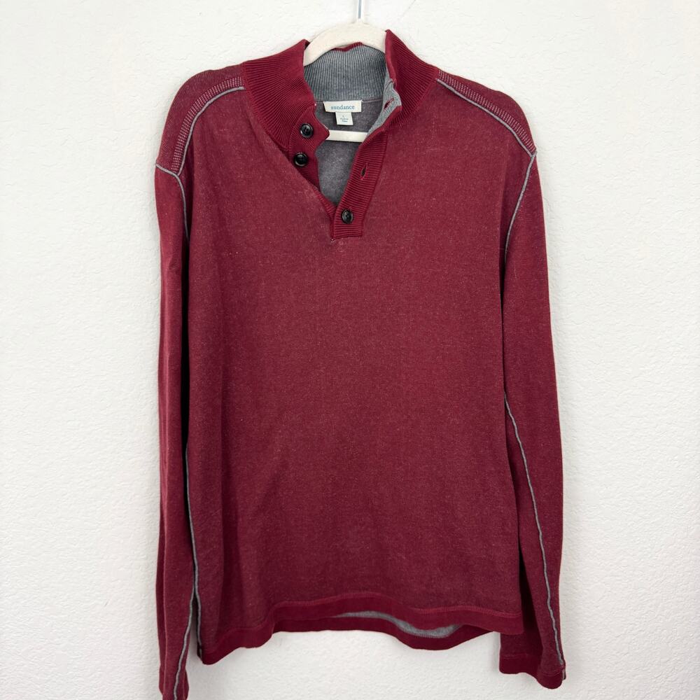 Sundance Men's Pullover Sweater Size L Button 100% Cotton Knit  Red